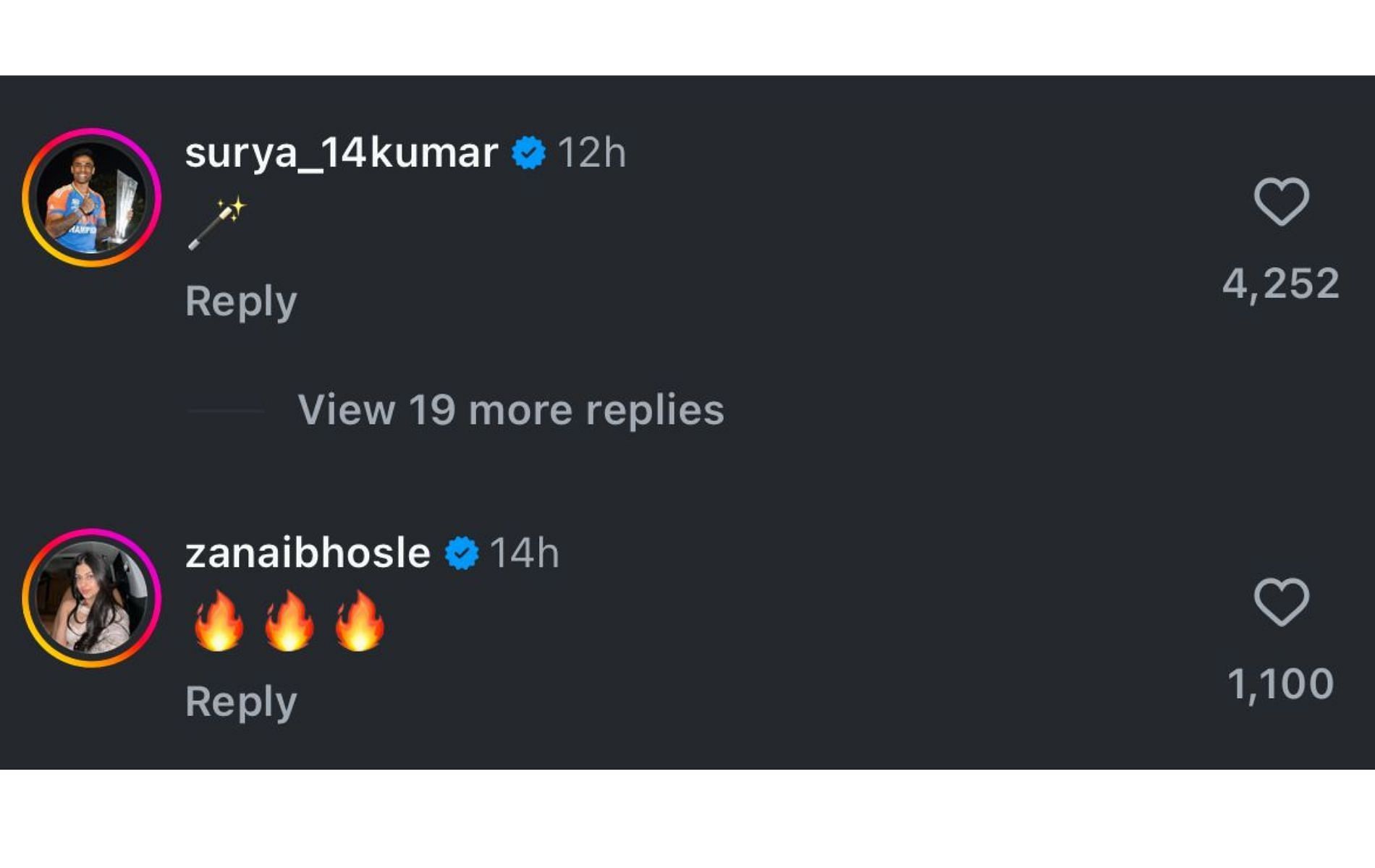 Screenshot of Suryakumar Yadav and Zanai Bhosle's comments.